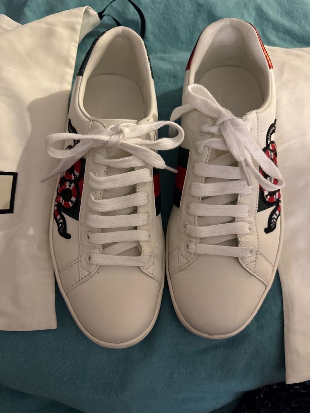 Gucci White Leather Low-Top Sneakers with Red & Black Snake Embroidery